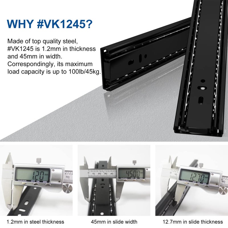 VADANIA 22" Soft Close Drawer Slide, #VK1245, 3-Fold Full Extension, Self Silent Closing, Heavy Duty 100lb Load Capacity, Ball Bearing, Side Mount, Black, 1-Pair - Image 3